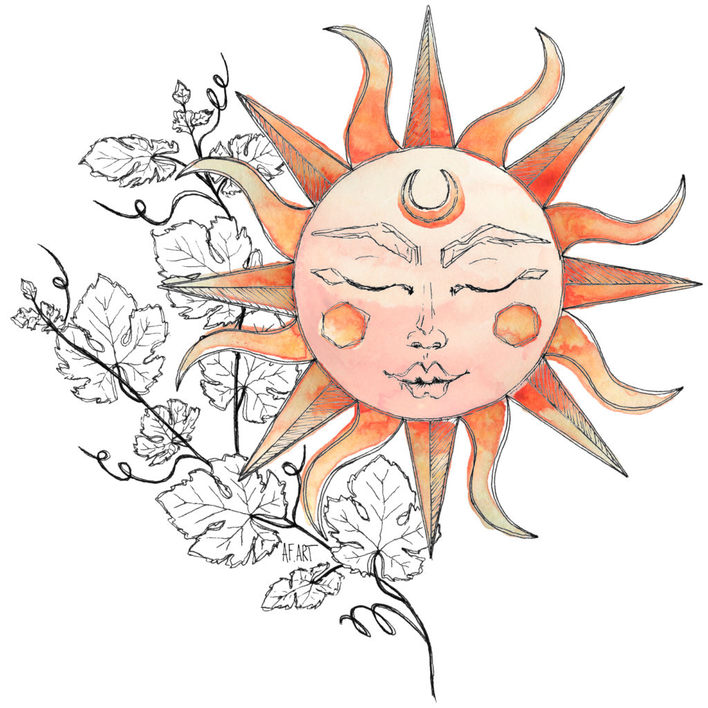 AF.ART étiquette soleil mystique et vigne pour le Grand Cru Chasselas du domaine des Afforêts, Aigle