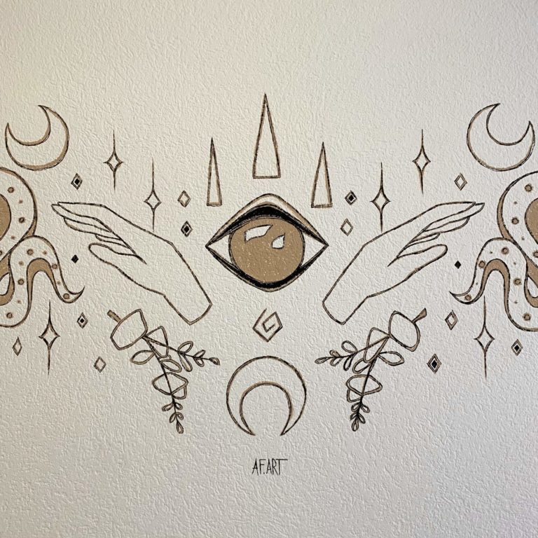 AF.ART fresque mystique serpents, oeil, main, plumes