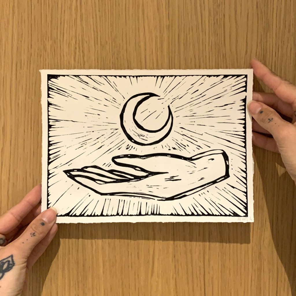 linogravure main lune mystique AF.ART