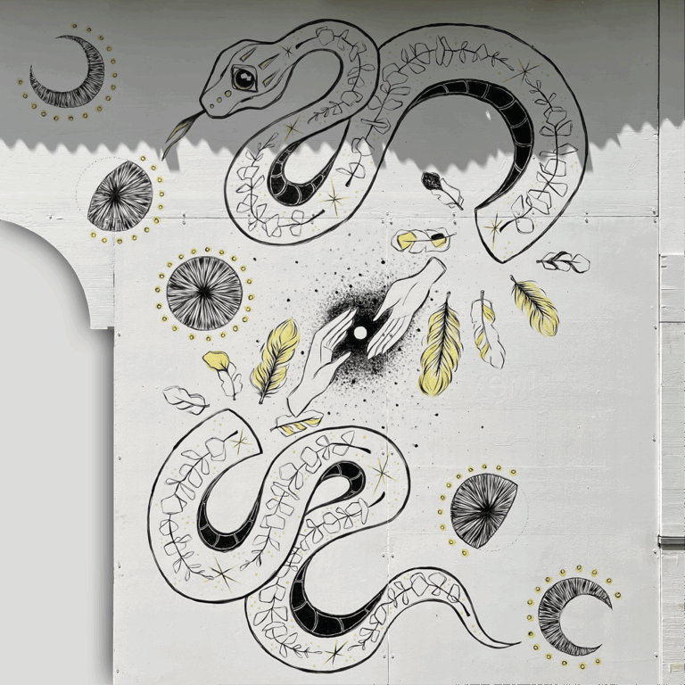 AF.ART fresque mystique serpent, plumes et mains