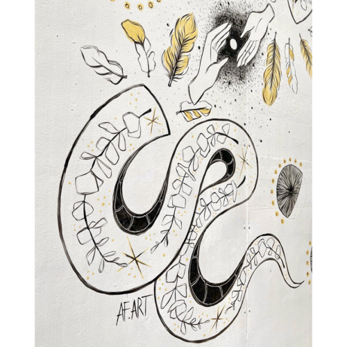 AF.ART fresque mystique serpent, plumes et mains