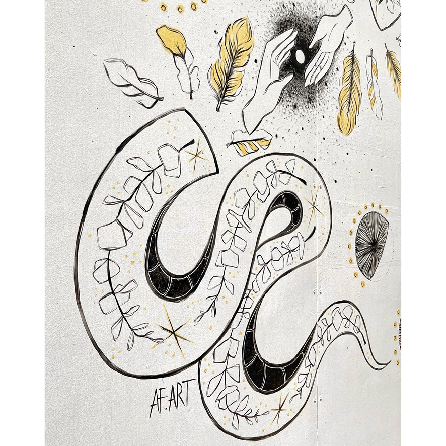 AF.ART fresque mystique serpent, plumes et mains
